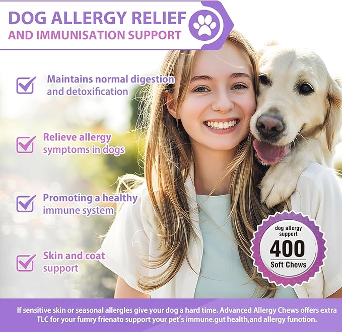 Dog Allergy Chews 400PCs ,Dog Allergy and Itching Skin Relief Anti Itch Aller Immune Bites for Dogs Itching licking Paws Treatment Relief Itchy Allergy Probiotics Vitamins for Skin and Coat Allergies