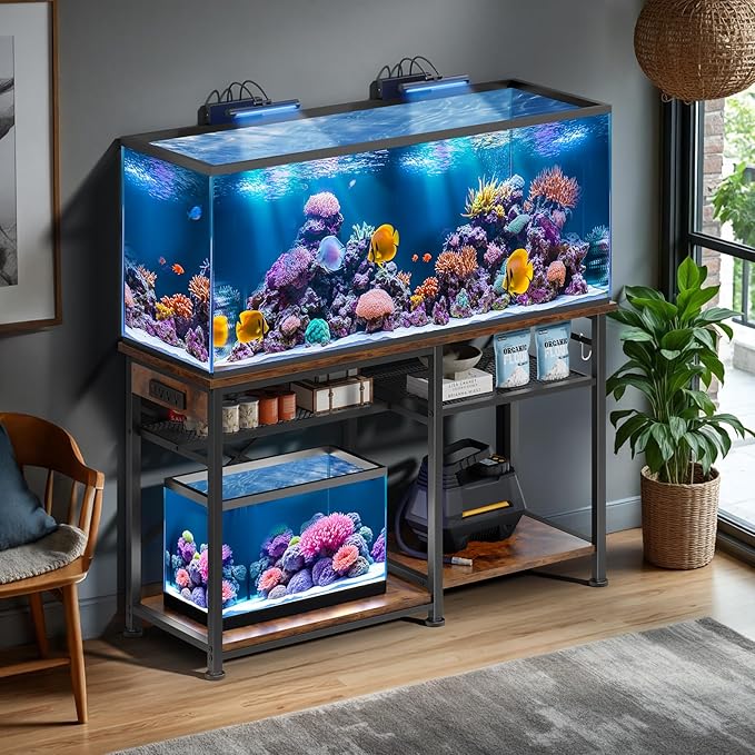 55-75 Gallon Aquarium Stand with 6 ft Power Strip, 5-Tier Metal Frame Fish Tank Stand 40 Gallon Tank Stand 49.2" L*18.9" W Tabletop 780lbs Capacity (Vintage Brown, 55-75 Gallon)