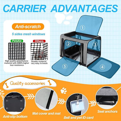 Petskd Extra Large Cat Carrier with Litter Box 24"x17"x17" for Medium Large Cat or 2 Small Cats, Collapsible Soft Sided Pet Carrier for Car Travel with Lockable Safety Zippers(Grey)