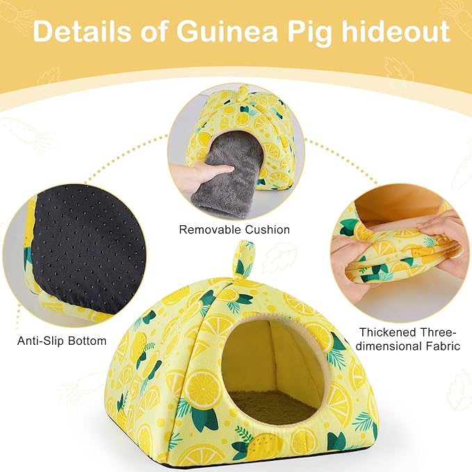 Bienbee Guinea Pig Hideout, Washable Rabbit Bed with Guinea Pig Tunnel, 2 Pack Guinea Pigs Toys Set Bunny Hideout Cage Accessories for Hamster Ferret Rabbits Bunny,Yellow Lemon