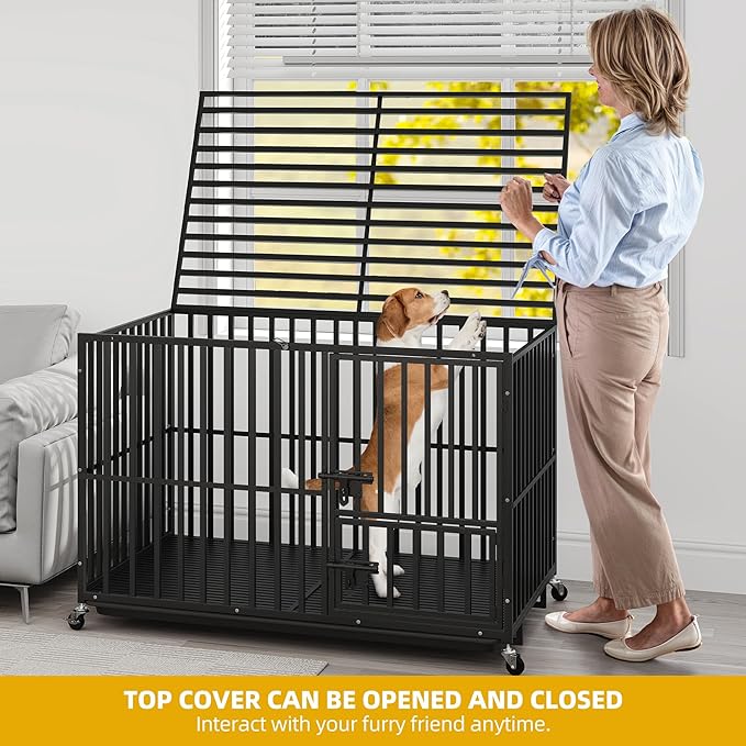 DWVO Heavy Duty Dog Crate, 47 Inch Escape-Proof Dog Cage Indoor Kennel for Medium Large Dogs with Lockable Wheels, 3-Door Design, High Anxiety Dogs Crate with Removable Trays