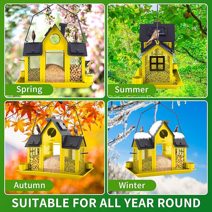 Solar Bird Feeders House for Outside Hanging, Metal Wild Bird Feeder for Outdoors, Large Cardinal Bird Feeder Birdhouses Squirrel Proof (Yellow)