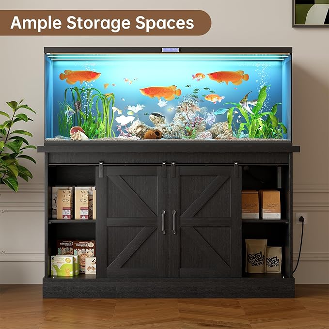 55-75 Gallon Fish Tank Stand with Sliding Barn Doors & Power Outlet, Heavy Duty Aquarium Stand with Cabinet Storage for Fish Tank, Turtle Tank, Reptile Terrarium, 1000LBS Capacity, Black