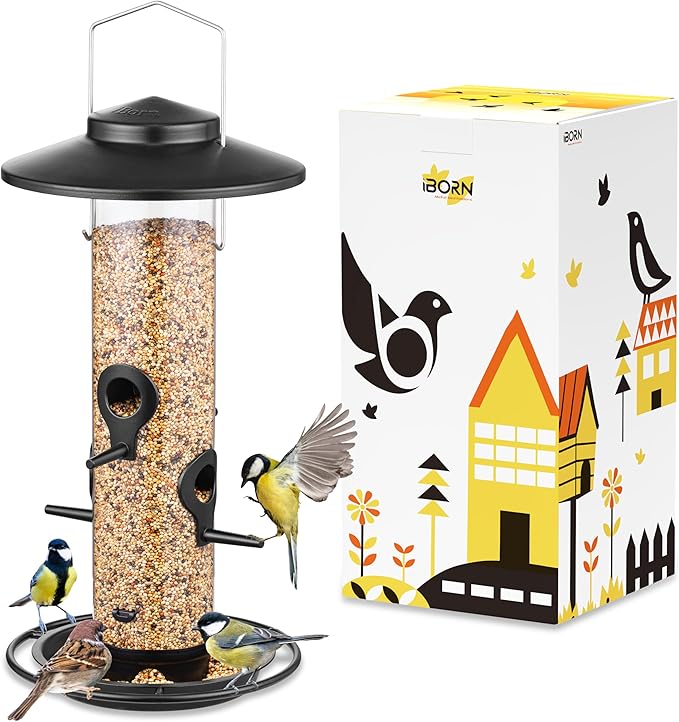 iBorn Metal Bird Feeders for Outdoors, 2LB Bird Seed Feeder 17cm Large Roof &Tray, 4 Feeding Ports, Black Finish