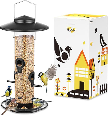 iBorn Metal Bird Feeders for Outdoors, 2LB Bird Seed Feeder 17cm Large Roof &Tray, 4 Feeding Ports, Black Finish