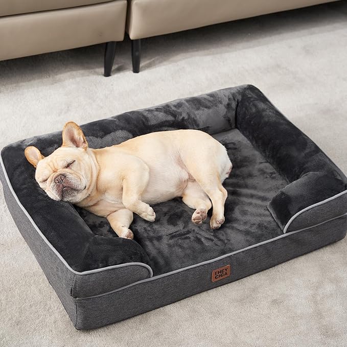 EHEYCIGA Orthopedic Dog Beds for Large Dogs, Waterproof Memory Foam Large Pet Bed with Sides, Non-Slip Bottom and Egg-Crate Foam Dog Couch Bed with Washable Removable Cover, Dark Grey