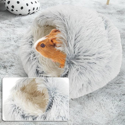 Soothing Guinea Pig Hideout, Doughnut Guinea Pig Bed with Hooded Cover, Washable Hamster Rabbit Bunny Bed, Washable Round Cave Beds for Small Animal Bunny Rabbit Hideout (Grey)
