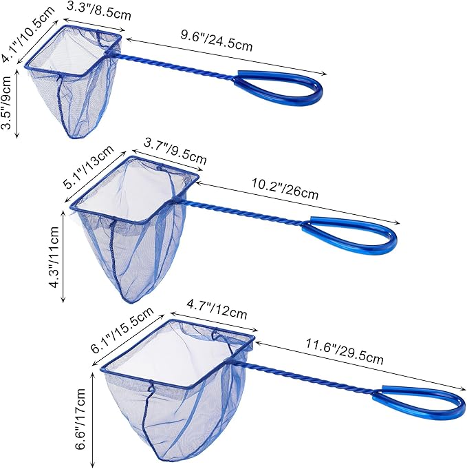 3 Pack Aquarium Net, Multi-Size Fine Quick Fish Catch Nets Extra Soft Nylon Fishing Nets with Plastic Handle for Aquarium Fish Tank Supplies- Blue (4in,5in, 6in)