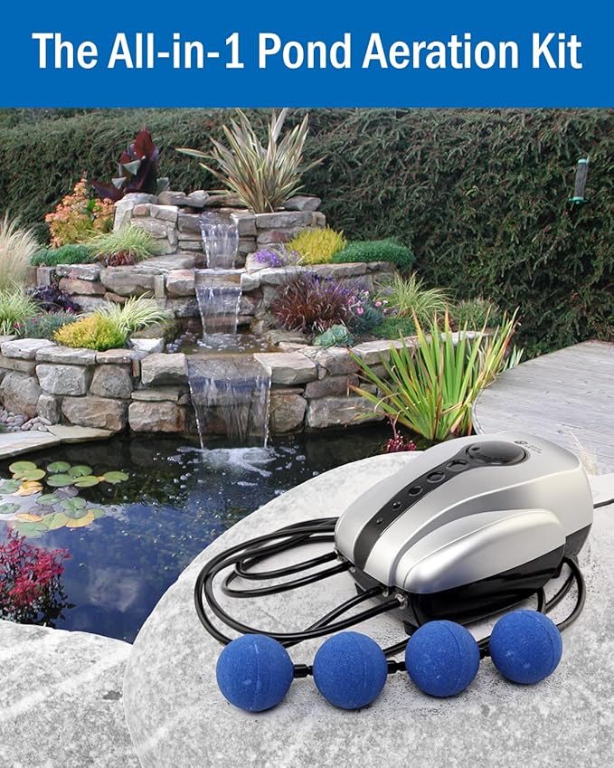 AquaMiracle All-in-One Koi Pond Aerator for Outdoor Ponds up to 2000 Gallons, Pond Air Pump Pond Aeration System with 4-Outlet Airline Tubing Air Stones Check Valves