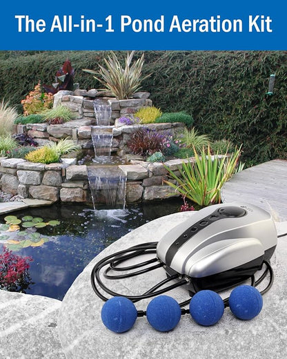 AquaMiracle All-in-One Koi Pond Aerator for Outdoor Ponds up to 2000 Gallons, Pond Air Pump Pond Aeration System with 4-Outlet Airline Tubing Air Stones Check Valves