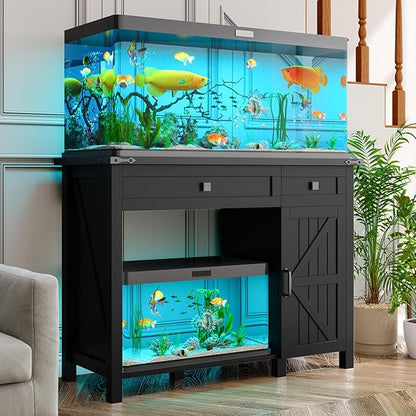 40 Gallon Fish Tank Stand with Power Outlets, Farmhouse Decorative Aquarium Stand Furniture with Adjustable Shelves and Drawer, Reptile Turtle Tank Stand with Cabinet Storage (Black, 30-40GL)