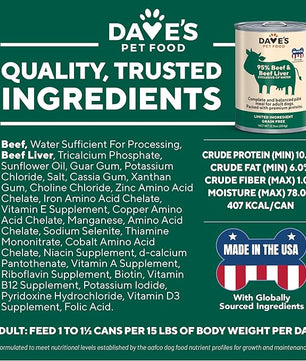 Dave's Pet Food Grain Free Wet Dog Food (95% Beef & Beef Liver), Made in USA Single-Source Protein, Limited Ingredients Added Vitamins & Minerals, 12.5 oz Cans (12 Pack)