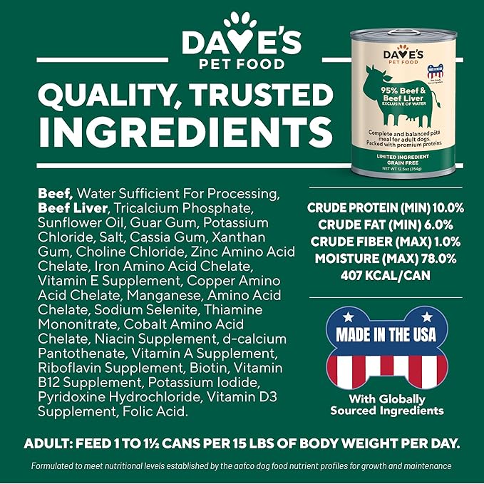 Dave's Pet Food Grain Free Wet Dog Food (95% Beef & Beef Liver), Made in USA Single-Source Protein, Limited Ingredients Added Vitamins & Minerals, 12.5 oz Cans (12 Pack)