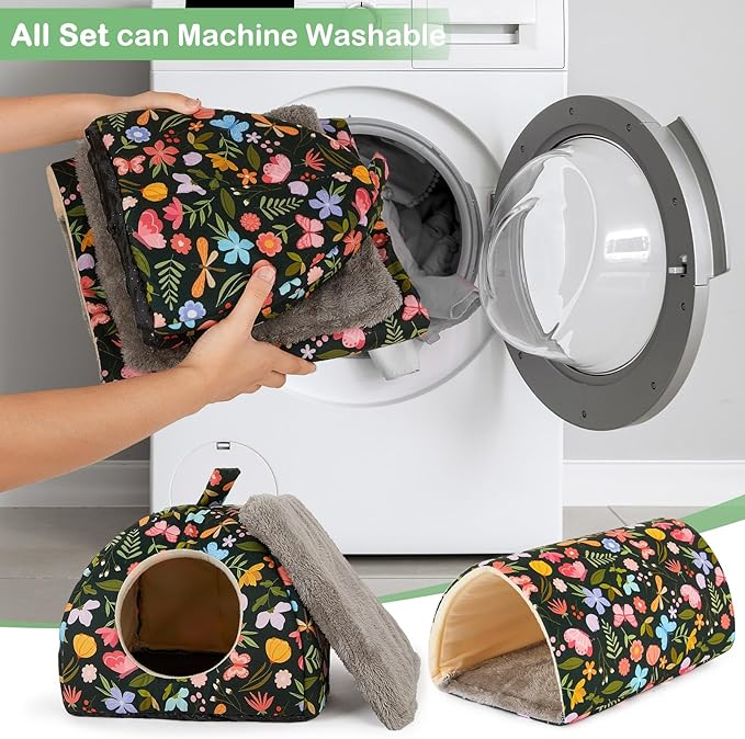 Bienbee Guinea Pig Hideout, Washable Rabbit Bed with Guinea Pig Tunnel, 2 Pack Guinea Pigs Toys Set Bunny Hideout Cage Accessories for Hamster Ferret Rabbits Bunny, Green Flowers