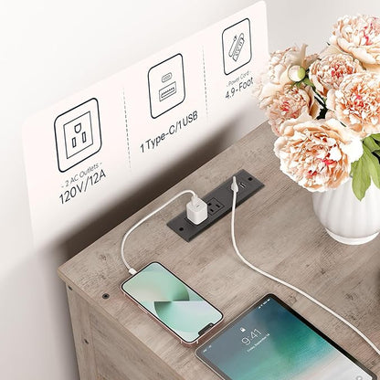 HOOBRO Dog Crate Furniture, Dog Kennel with Drawer and Charging Station, Indoor Decorative Puppy House, Wooden Pet Crate End Table for Small Dogs, Greige and Black BG58UGW03G1