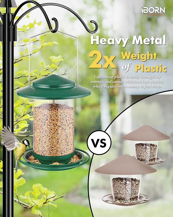 iBorn Metal Bird Feeders for Outdoors Hanging,Wild Bird Feeders for Cardinal,18cm Large Roof&Tray New Green 6 Port (Seed is not Included)