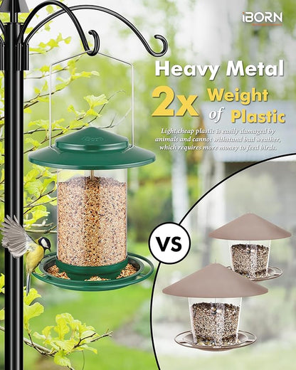 iBorn Metal Bird Feeders for Outdoors Hanging,Wild Bird Feeders for Cardinal,18cm Large Roof&Tray New Green 6 Port (Seed is not Included)