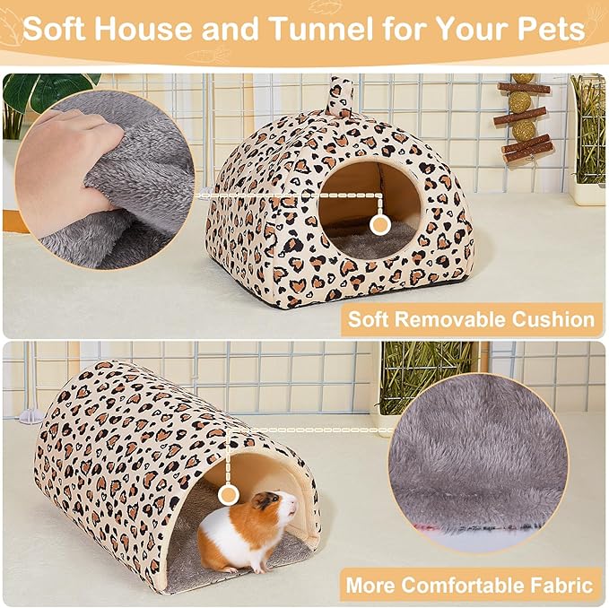 Bienbee Guinea Pig Hideout, Washable Rabbit Bed with Guinea Pig Tunnel, 2 Pack Guinea Pigs Toys Set Bunny Hideout Cage Accessories for Hamster Ferret Rabbits Bunny, Light Khaki Leopard