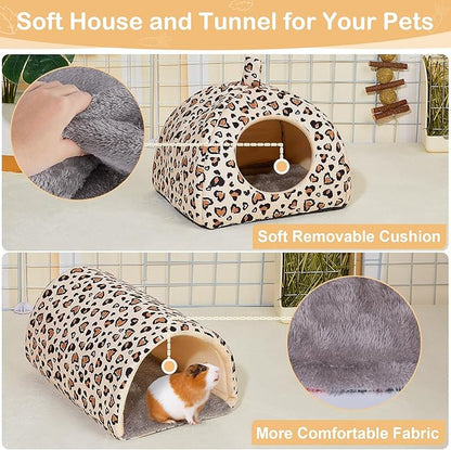 Bienbee Guinea Pig Hideout, Washable Rabbit Bed with Guinea Pig Tunnel, 2 Pack Guinea Pigs Toys Set Bunny Hideout Cage Accessories for Hamster Ferret Rabbits Bunny, Light Khaki Leopard