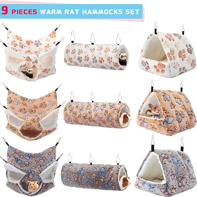 Abbylike 9 Pieces Rat Hammock 3 Tier Guinea Pig Ferret Hammocks Small Pet Hanging Tunnel Glider Toy Guinea Pig Ferret Hideout Bed Cage Accessories for Hamster(Light Brown, White, Black,Paw)