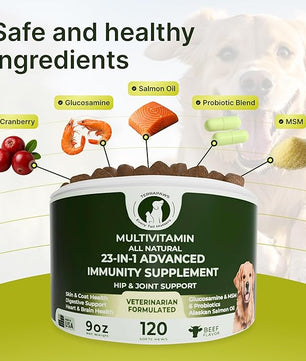 23-in-1 Multivitamin for Dogs – Soft Chews with Glucosamine, Chondroitin, MSM, Probiotics, Cranberry, Biotin, Zinc, Salmon Oil, Vitamins B, C, E – Hip & Joint, Skin, Digestive & Immune Support