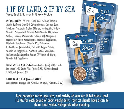 Weruva Cats in The Kitchen, 1 if by Land, 2 if by Sea with Tuna, Beef & Salmon in Gravy Cat Food, 3oz Pouch (Pack of 12)