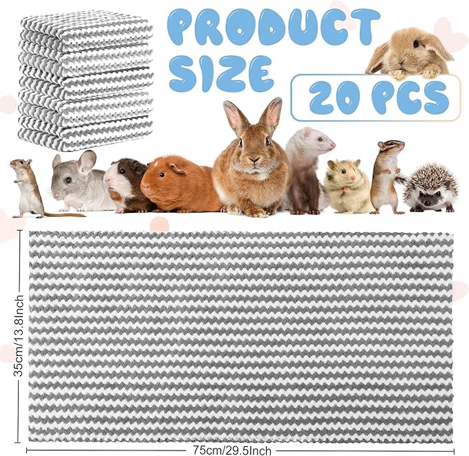 Moukeren 20Pcs Guinea Pig Fleece Bedding Blankets Bulk Washable Small Animal Fleece Cage Liners Pet Wash Cloth Sleeping Mat Cover for Hamster Chinchilla Rabbit Hedgehog(Light Gray, 14 x 30 Inch)