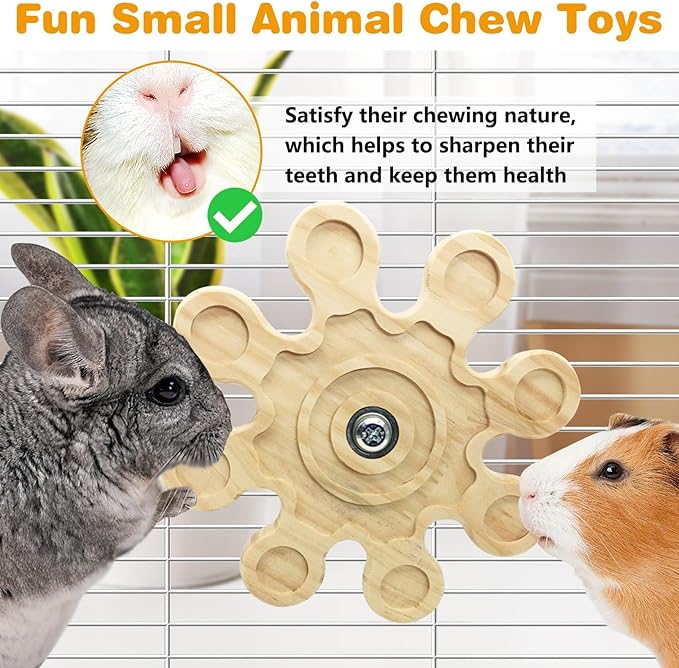 PINVNBY 2 PCS Natural Wooden Chinchilla Chew Toys Rotatable Chinchilla Toy Interactive Teeth Grinding Chew Toy Hanging Chinchilla Cage Accessories for Bunny Rabbit Guinea Pig Hamster Squirrel (Snow)