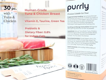 Purrly Healthy Premium Cat Treats Snack Topper Tuna Variety Bundle (90 Count) Lickable Wet Squeezable Hydrating Interactive Seafood Grain-Free Naturally Flavored Non-GMO No-Preservative