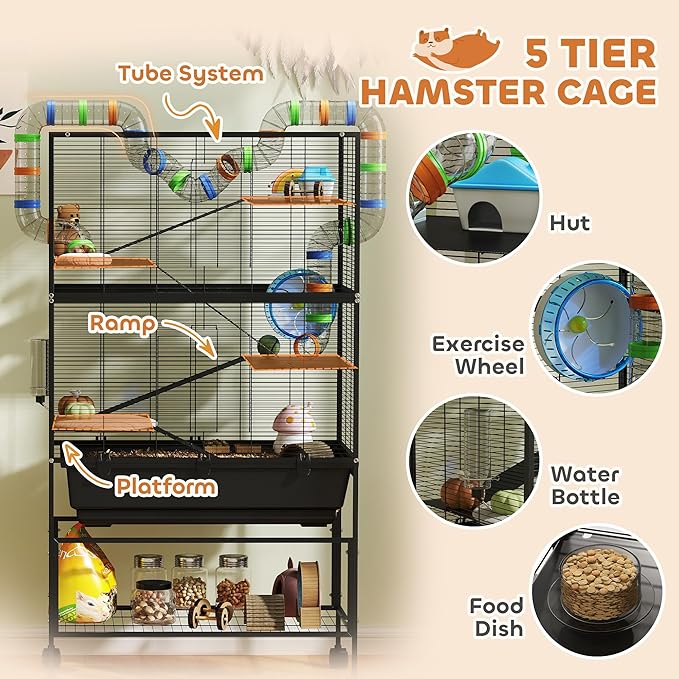 PawHut Large Hamster Cage with Deep Tray, 5 Tier Rolling Rat Cage with Storage Shelf, Big Exercise Wheel, Tube System, Hut, Platforms, Ramps, Food Dish, Water Bottle, for Syrian, Gerbil, Mouse