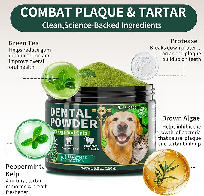 Dog Dental Powder, Dog Teeth Cleaning Powder with Natural Herbal Blend, Plaque Off Pet Tooth Cleaning lab co, Targets Tartar & Reduces Plaque & Bad Breath for Dogs & Cats, Mint -150Grams
