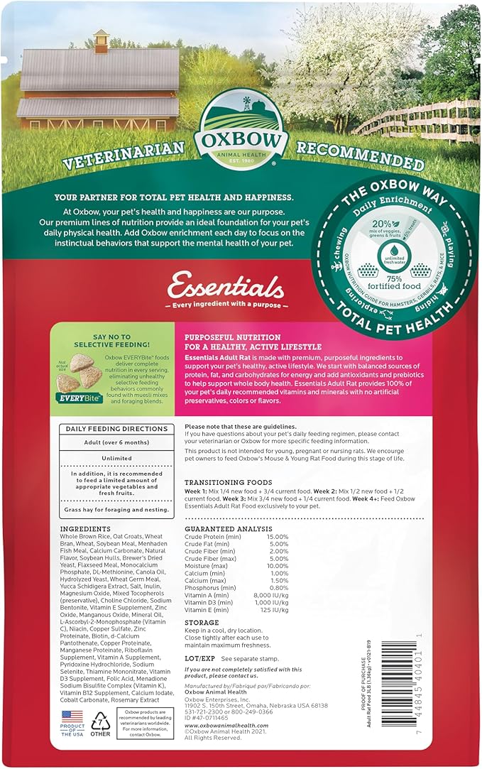 Oxbow Essentials Rat Food, Pet Food for Adult Rats, All-Natural Vitamin & Mineral Rich Formula, Veterinarian Recommended, Oxbow Animal Health, Rodent Pellets, Made in USA, No Artificials, 3 lb. Bag