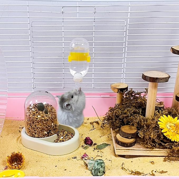 Hamiledyi Automatic Hamster Feeder Rat Food Dispenser Bowl with Water Bottle Food Dish Bowl for Dwarf Hamster Mouse Gerbils (Yellow)