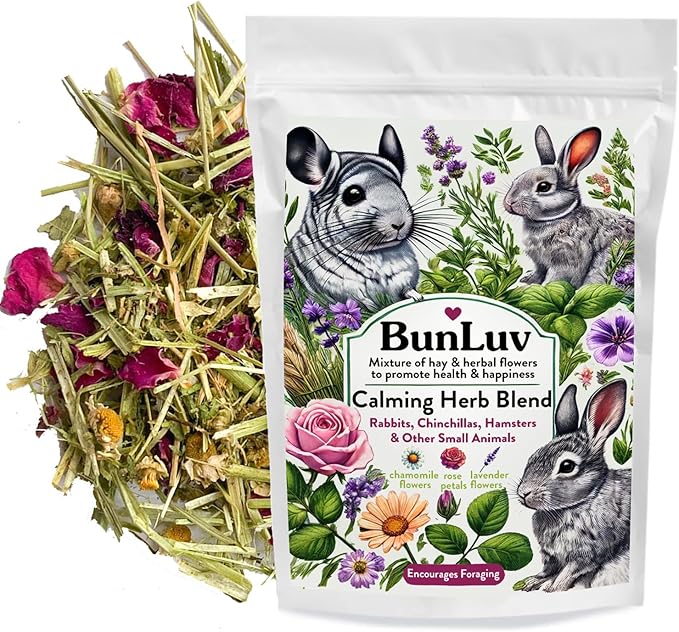 Herbal Calming Forage: Premium Rabbit Food, Hay for Guinea Pigs Food, Chinchilla Food, Hamster Treat Made with Timothy Hay & Organic Herbs (10 Ounces)