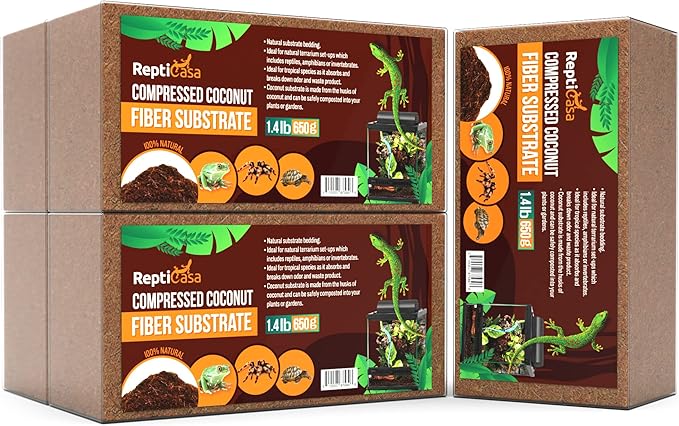Compressed Coconut Fiber Substrate, 1.4 lb. Bricks, Natural Husk Terrarium Bedding, Reptiles, Frogs, Snakes, or Tortoise, Odor and Waste Absorbent Compostable, 5 Pack