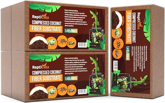 Compressed Coconut Fiber Substrate, 1.4 lb. Bricks, Natural Husk Terrarium Bedding, Reptiles, Frogs, Snakes, or Tortoise, Odor and Waste Absorbent Compostable, 5 Pack