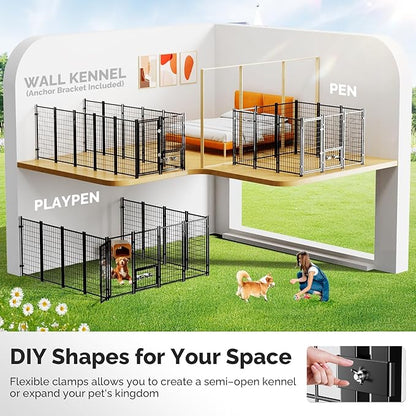Sino Luban 2PCS Outdoor Dog Kennel Outside Run with Doggy Door, Swivel Feeder&Roof - 8x4x6FT Large Dog Kennels Pens Outside for Large Dogs Breed - Heavy Duty Cage (Can Connect to Your Dog House)