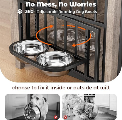 Lulive 37.8" Dog Crate Furniture, Large Wooden Dog Kennel Indoor with 360°& Adjustable Raised Dog Bowls, Double Doors Furniture Decorative Side End Table Dog Cage for Medium Dogs, Grey