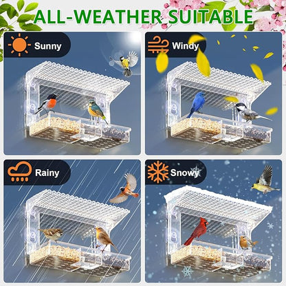 Window Bird Feeder for Outdoors with Strong Suction Cups, Acrylic Clear Window Bird Feeders for Viewing with Large Capacity Detachable Seed & Water Tray