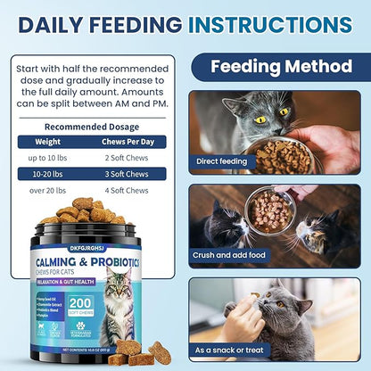 Cat Calming Treats, 200 Soft Chews Hemp Calming for Cats Gut Health with Probiotics, Calm Cat Treats for Anxiety and Stress Relief & Probiotic for Cats Digestive Health Chicken Flavor