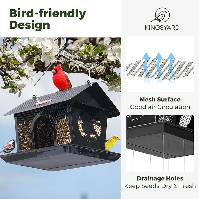 Kingsyard Metal Bird Feeders for Outdoors Hanging, Wild Bird Feeder with Seed Tray and Weatherproof Roof, 3 lbs Seed Capacity, Black