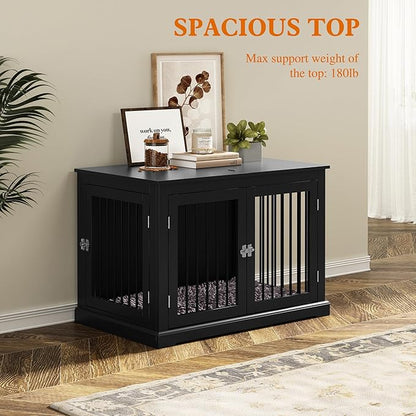 Furniture Style Dog Crate with Cushion, Dog Kennel Medium, Pet Crates, Dog Cage for Small and Medium Dogs, Decorative Dog Kennel with Flip-top Plate, Chew-Proof Metal Bars, Black