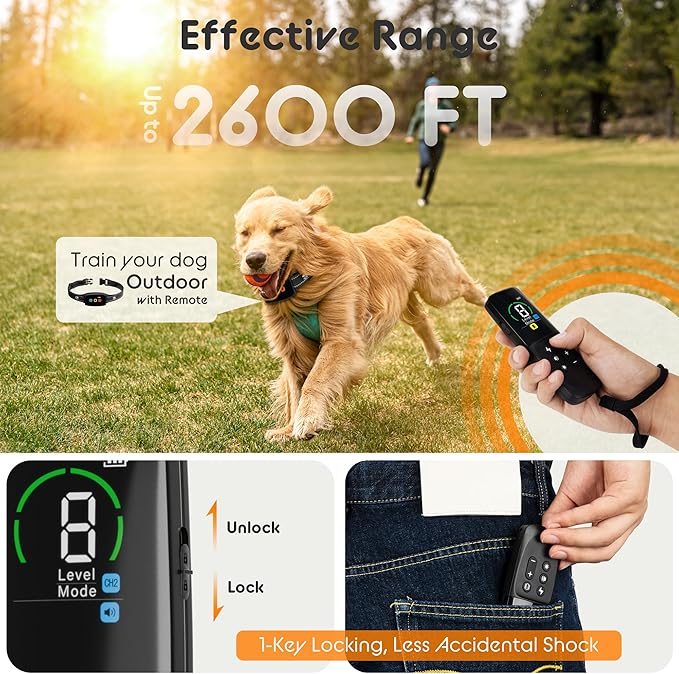 Dog Training Collar Shock Collars for Dogs with Remote 2600 Ft Remote Control Range 4 Modes Beep Vibration Shock Built-in Bright Led Light Rechargeable Waterproof (Full Dark, for Small Dog)