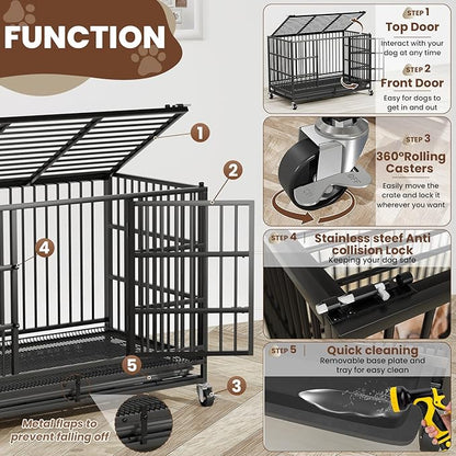 LEVELEVE 38 Inch Heavy Duty Indestructible Dog Crates for Large Dogs，Escape Proof Dog Cage Large Dogs with Lockable Wheels，Dog Kennel Furniture Indoor&Outside