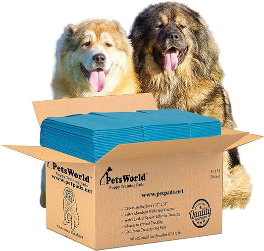PETSWORLD Enormous Dog Training & Potty Pads, 37x54 inch - Tear Resistant with Strong Leak-Proof Backing, Optional Adhesive Tape, 50 Count