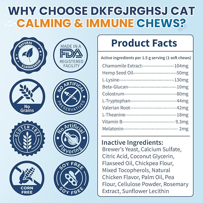 Cat Calming Treats, 200 Hemp Calm Soft Chews to Soothe Stressed Cats Anxiety Relief Reduce Stress & Promote Relaxation Immune Support Chicken Flavored