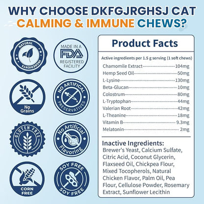 Cat Calming Treats, 200 Hemp Calm Soft Chews to Soothe Stressed Cats Anxiety Relief Reduce Stress & Promote Relaxation Immune Support Chicken Flavored