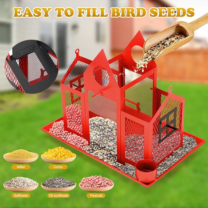 Solar Bird Feeders House for Outside Hanging, Metal Wild Bird Feeder for Outdoors Large Capacity Cardinal Birdfeeder Birdhouses Metal Bird Feeding Station Red