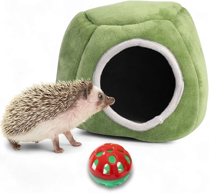 Hedgehog Hideout Nest with Bell Ball Toy, Cave Bed Nest Hedgehog Hideout, Guinea Pig Bed, Small Animals Warm House Cage Supplies, Hedgehogs Accessories, Hamster Cage Accessories (Green Hide)