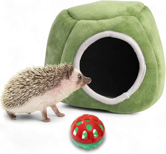 Hedgehog Hideout Nest with Bell Ball Toy, Cave Bed Nest Hedgehog Hideout, Guinea Pig Bed, Small Animals Warm House Cage Supplies, Hedgehogs Accessories, Hamster Cage Accessories (Green Hide)